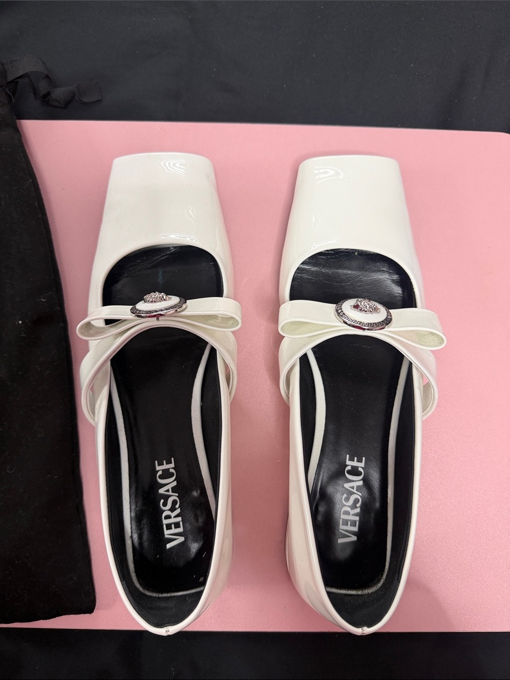 Versace White Patent Square-Toe Bow Slip-On Mules